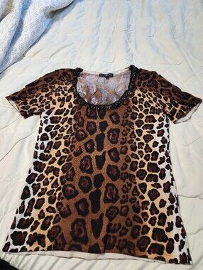 Others Follow Leopard Print Short Sleeve Tee with Beaded Scoop Neck